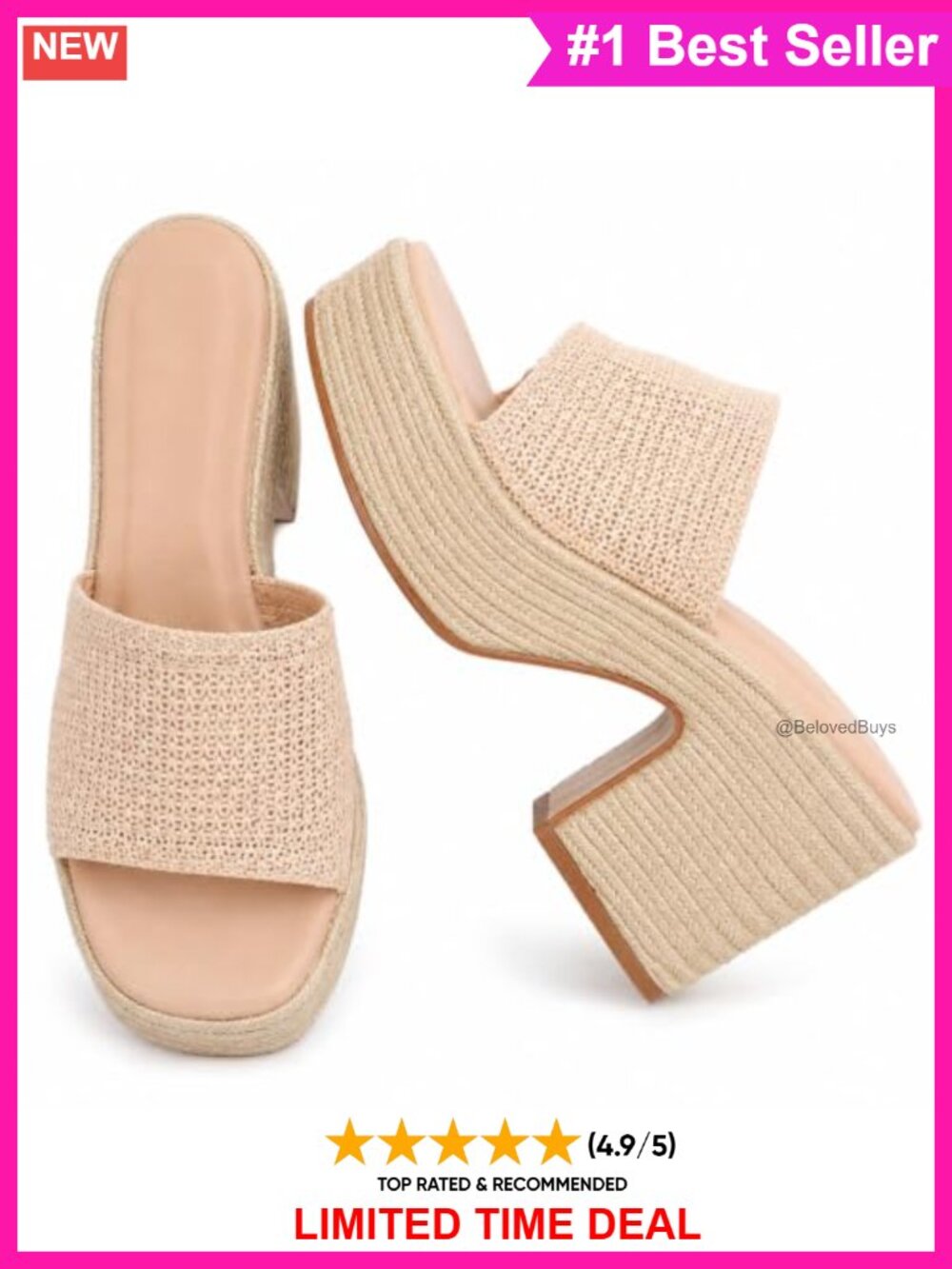 Raffia-Inspired Platform Wedge Mule Sandals Open Toe Slip On